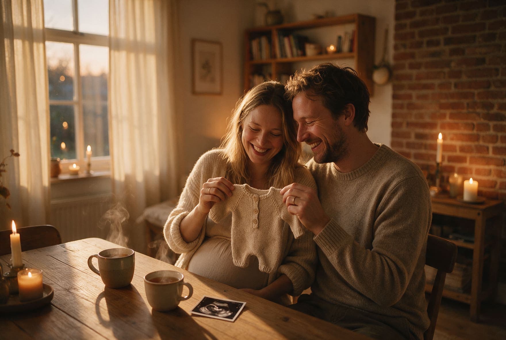 Aanstaande ouders zitten dicht bij elkaar aan tafel en kijken samen naar een klein babypakje