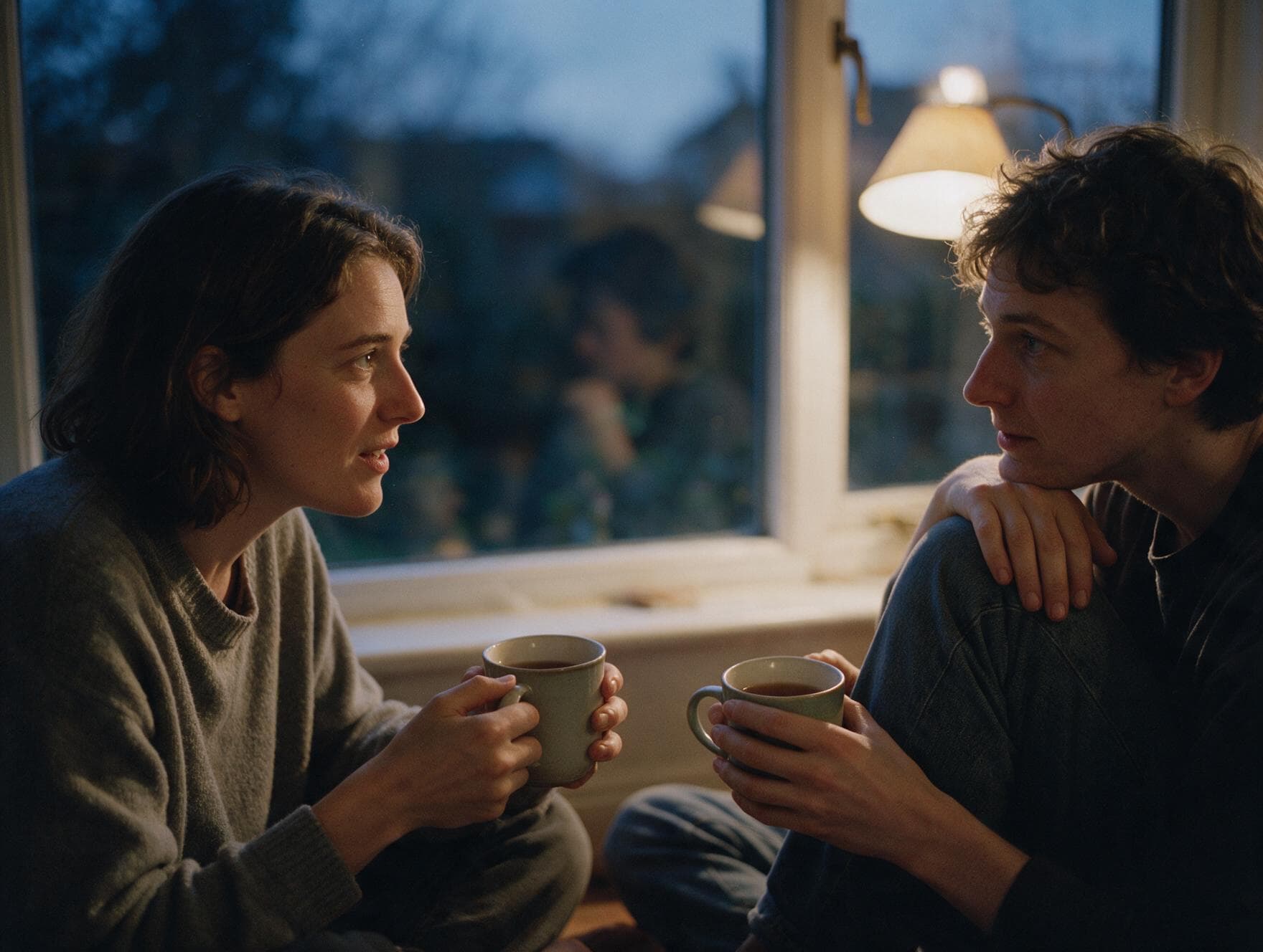 Twee mensen in een diep gesprek bij het raam