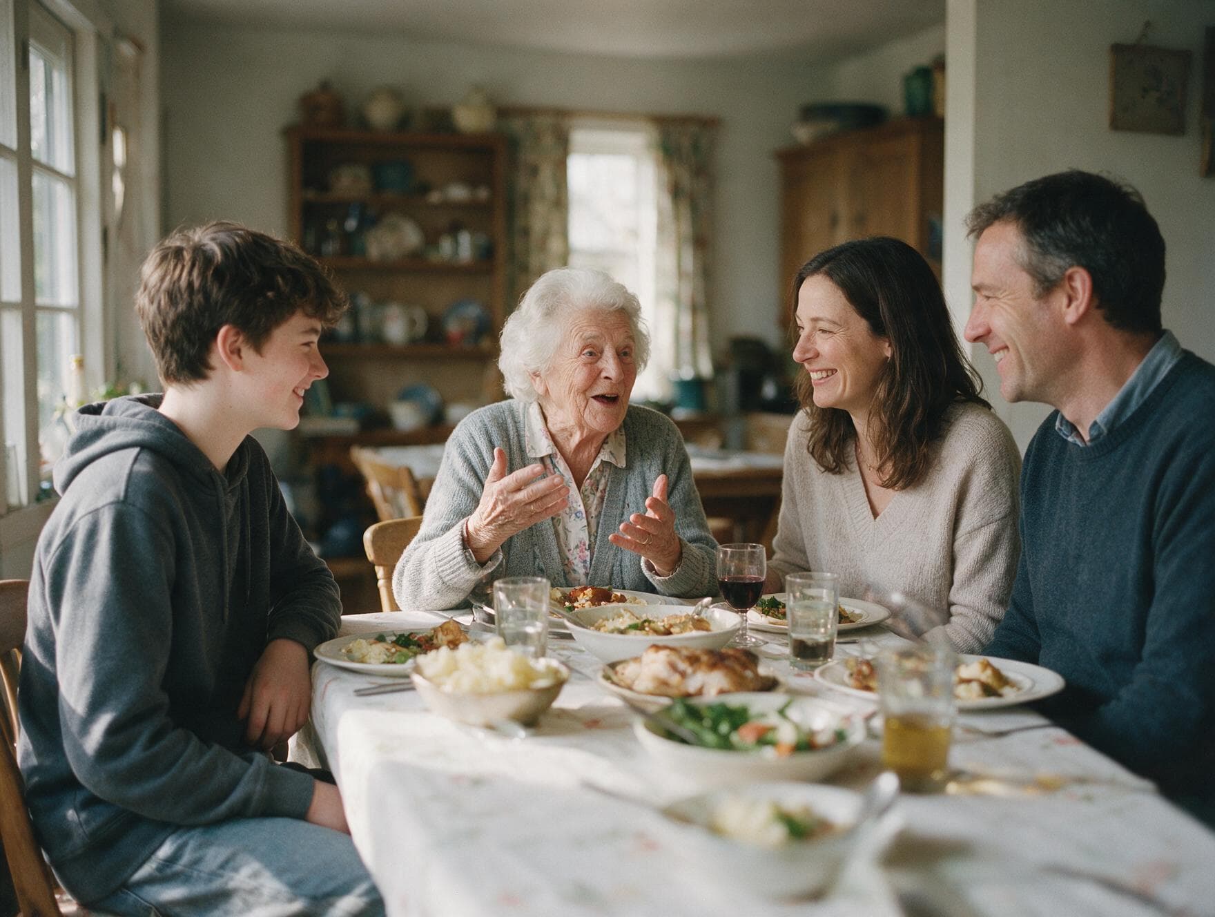 Drie generaties in gesprek aan de eettafel