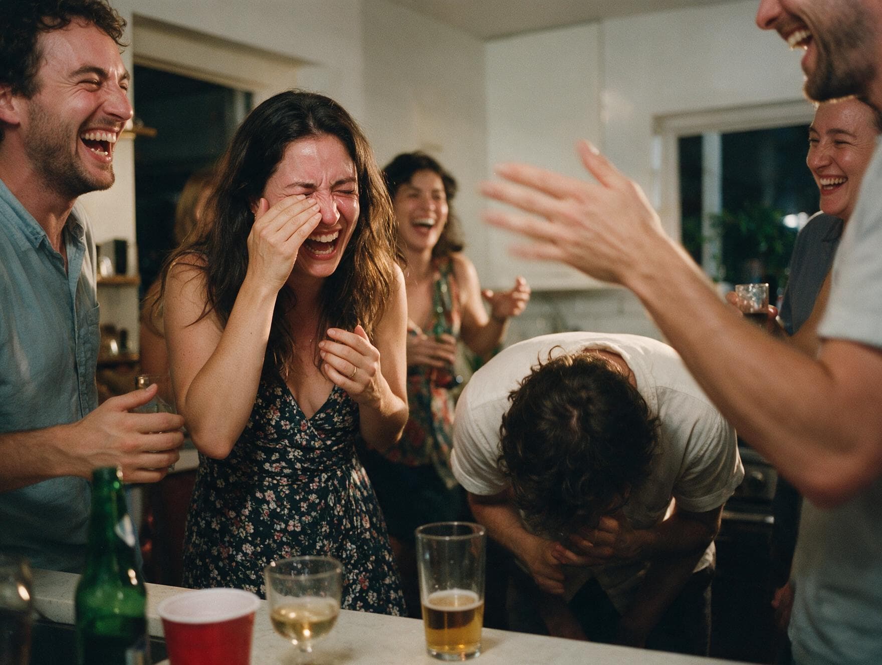 Vrienden liggen dubbel van het lachen in de keuken