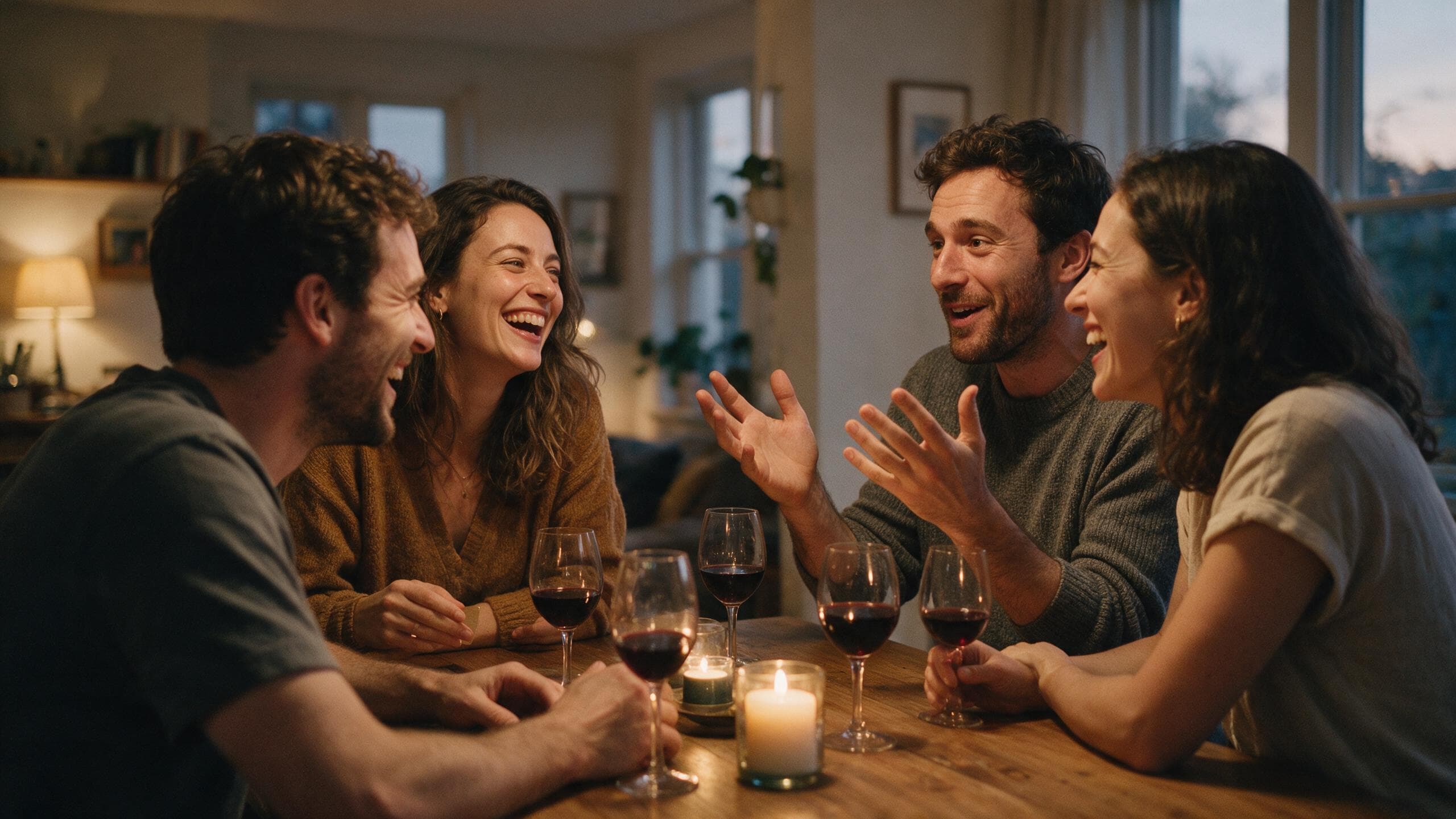 Vier vrienden midden in een goed gesprek aan tafel