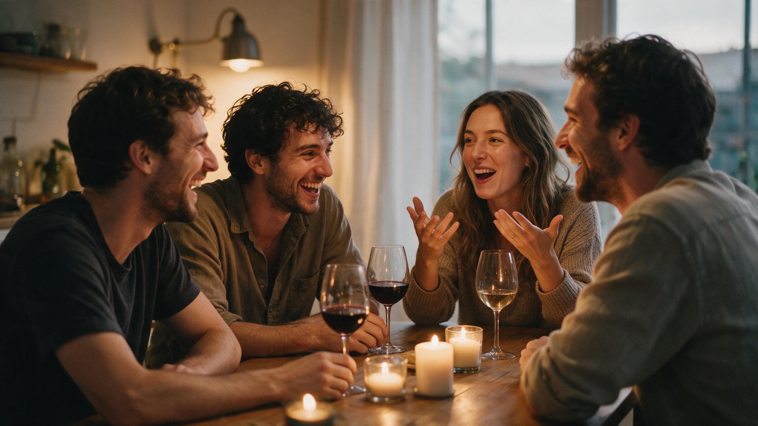 Vrienden lachen samen tijdens een gesprek aan tafel