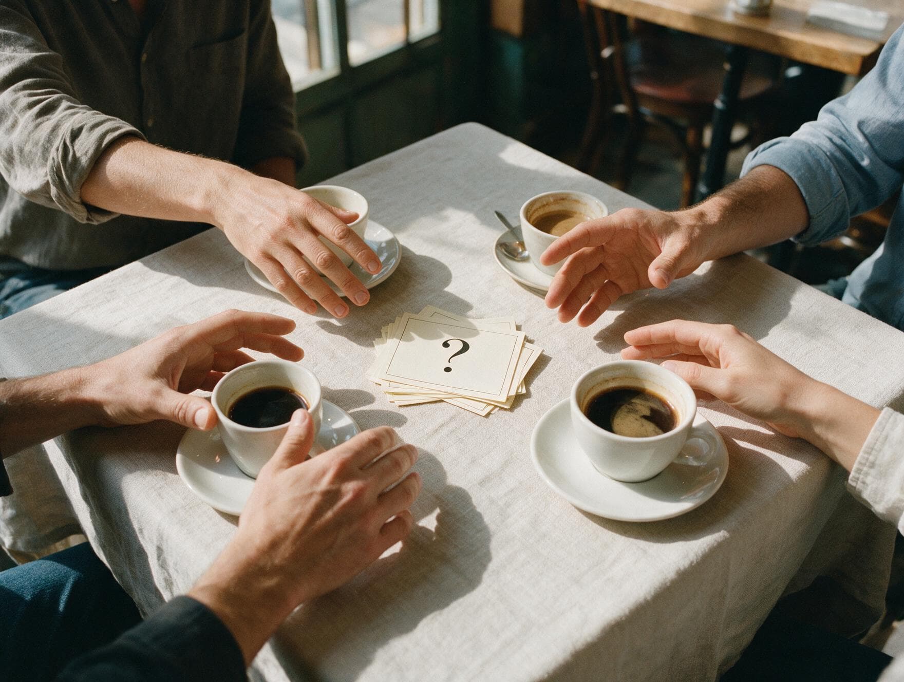 Handen rond een tafel met koffie en vraagkaartjes