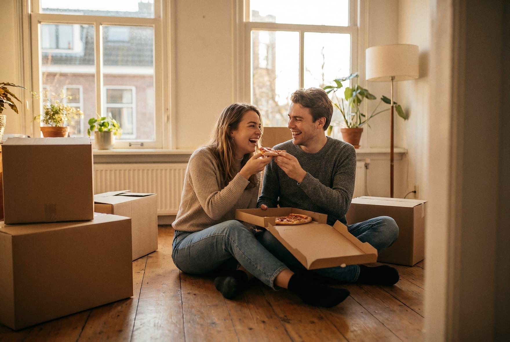Een jong stel eet lachend pizza op de vloer tussen de verhuisdozen van hun nieuwe huis