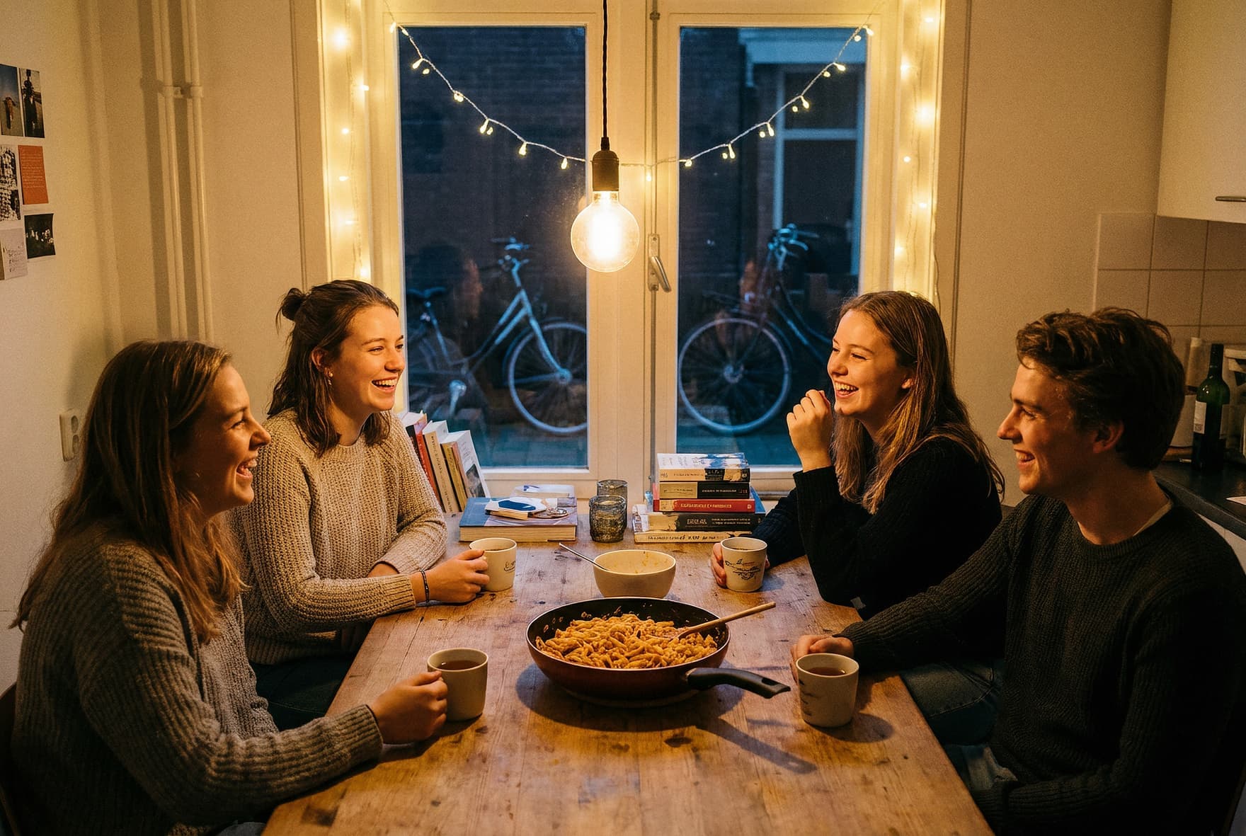 Studenten lachen samen aan de keukentafel van hun studentenhuis