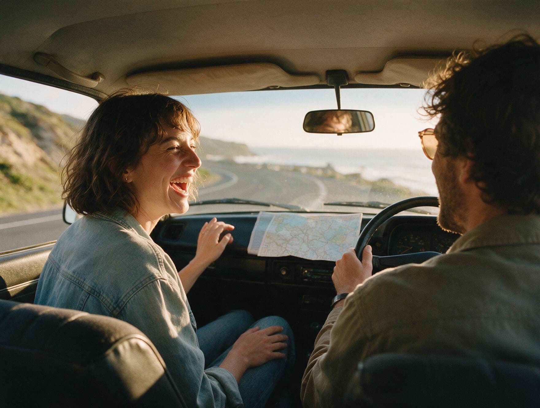 Twee vrienden lachen in de auto tijdens een roadtrip