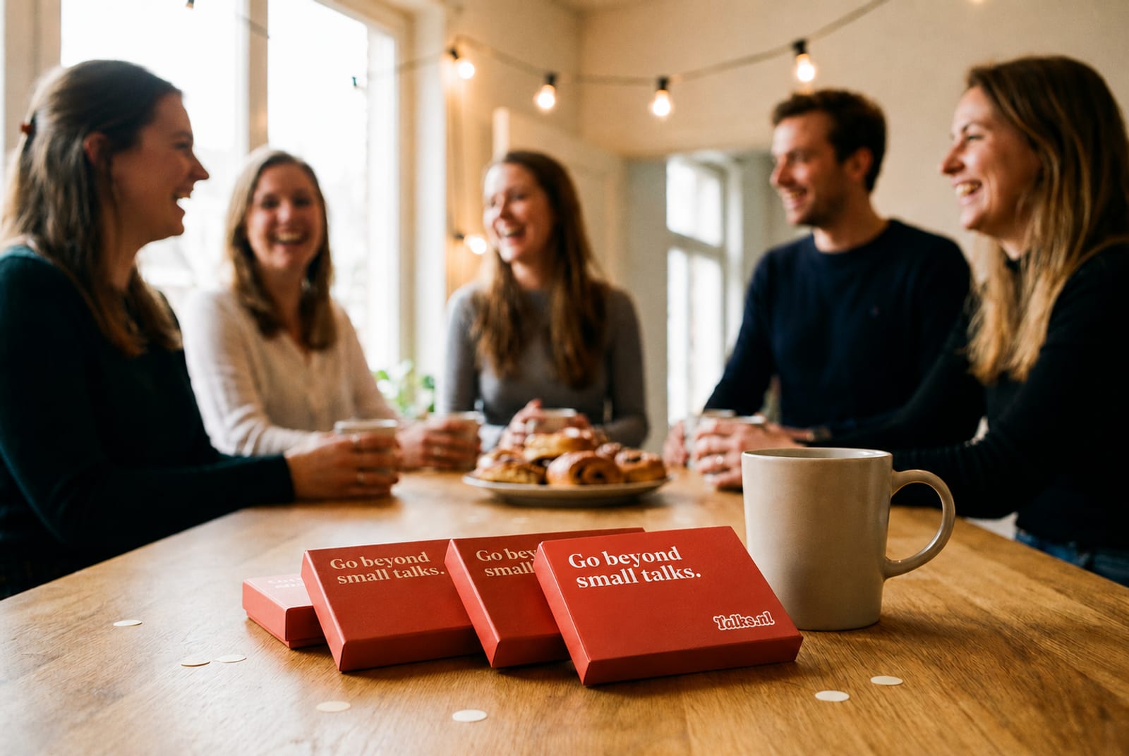 Collega's in een gezellige kantoorkeuken, waar iemand een vlamrode Talks.nl cadeaukaart overhandigd krijgt